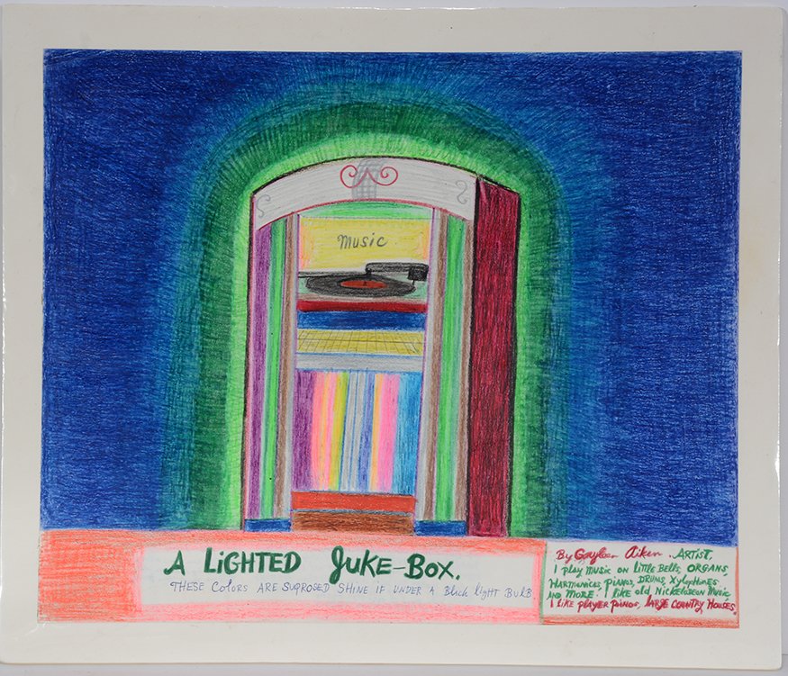 Gayleen Aiken. A Lighted Juke Box.: Gayleen Aiken. A Lighted Juke Box. Signed and titled. Crayon, colored pencil and ink on paper. Excellent condition. Image is 17” w x 14” h. Est. $300-500. Ship: $35