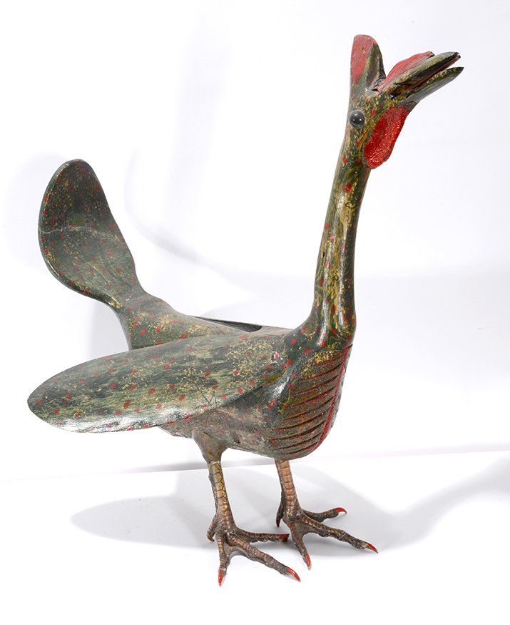 Abel Criss. Stylized Carved Turkey.: Abel Criss. Stylized Turkey. Not signed. Carved and painted wood with real turkey feet. Loss to wing and repair to tail, othewise good condition. 21”h. Provenance: The Barbara-rose and Edward Okun C