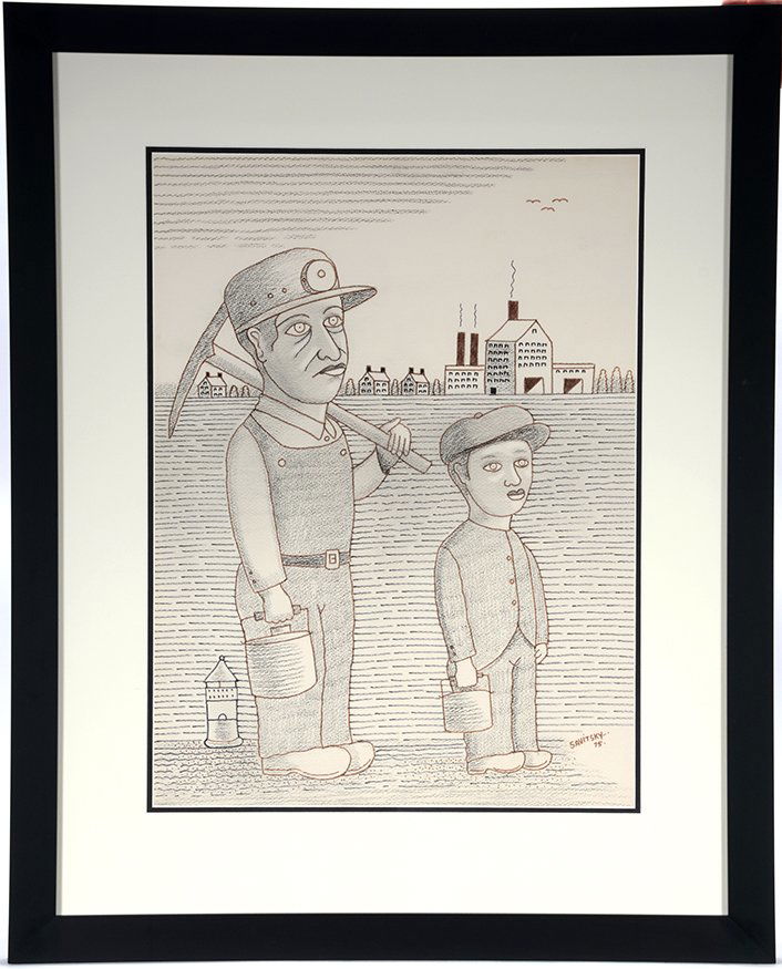 Jack Savitsky. Coal Miner And Son.: Jack Savitsky. Coal Miner And Son. 1975. Signed and dated. Marker on poster. Excellent condition. Large image, 27” w x 33”h with frame. Est. $300-600. Ship: $75