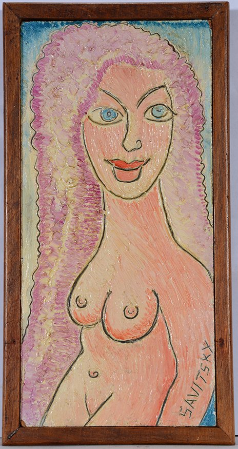 Jack Savitsky. Nude Woman.: Jack Savitsky. Nude Woman. Signed. Not dated. Heavy oil on masonite. Excellent condition. Size with frame is 5” x 9”. Est. $100-200. Ship: $25