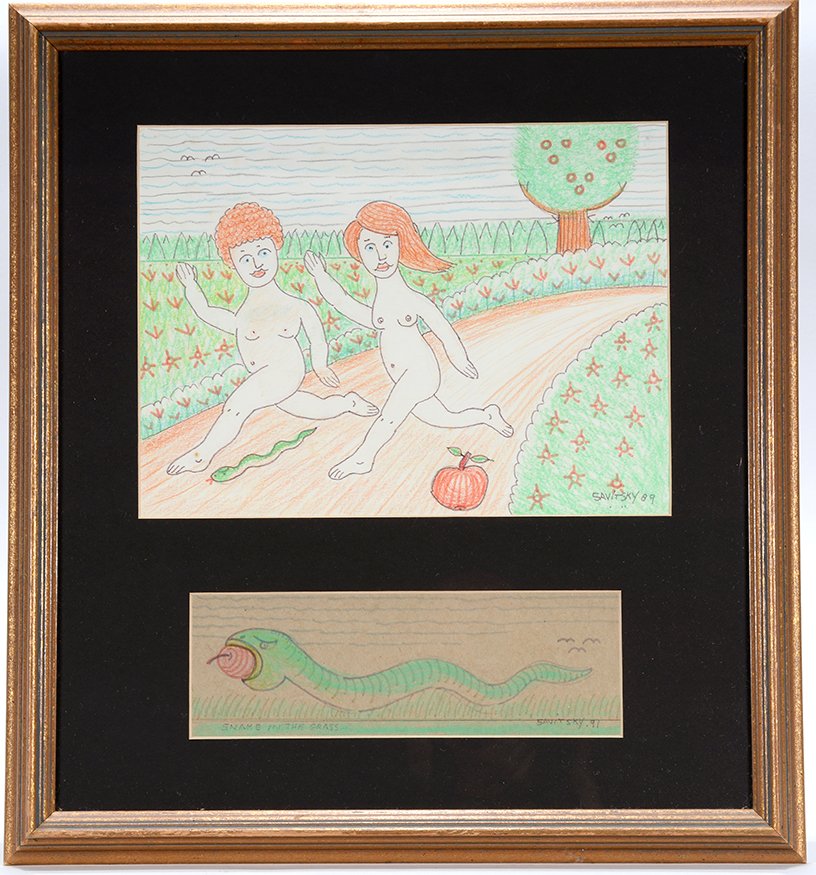 Jack Savitsky. Adam & Eve With The Snake.: Jack Savitsky. Adam & Eve With The Snake. 1989-91. Signed and dated. Colored pencil on card stock. Excellent condition. Size with frame is 18” x 19” h. Est. $200-300. Ship: $45