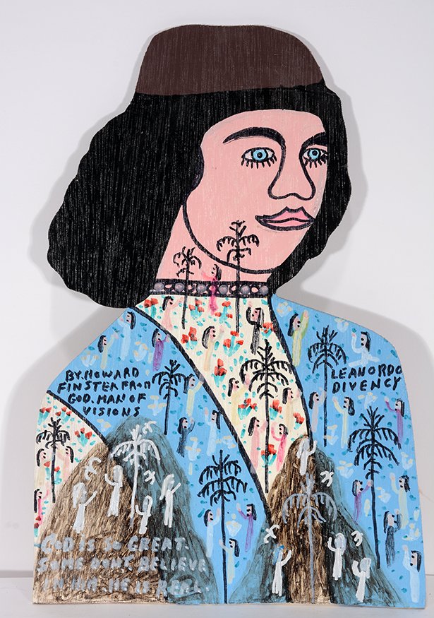 Howard Finster. Leonardo Divency (sic).: Howard Finster. Leonardo Divency (sic). 1989. #12,400. Signed, dated, titled and numbered. Paint and marker on cut out board. Excellent condition. 10” x 14”h. Est. $200-400. Ship: $35