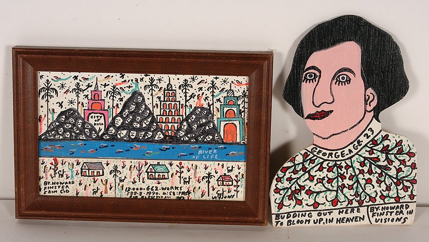 Howard Finster. George Age 23 & River Of Life.: Howard Finster. George Age 23 & River Of Life. 1989 and 1990. #12,096 & #13,662. Paint and marker on wood. River is 11” x 7.5” with frame. Excellent condition. Est. $200-300. Ship: $30