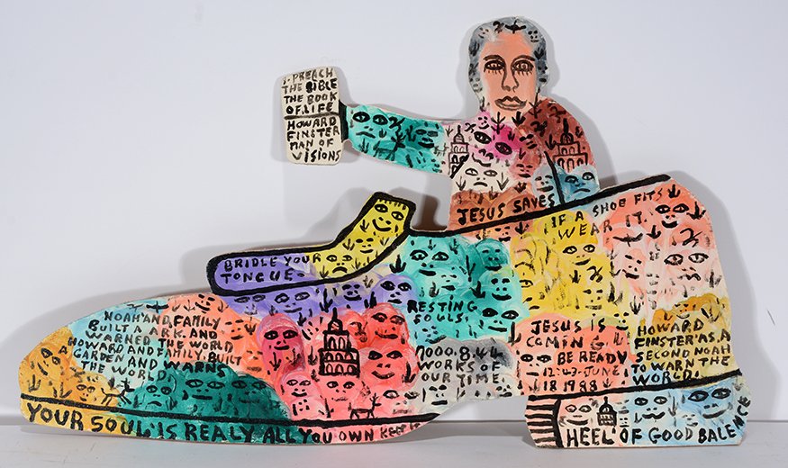 Howard Finster. If The Shoe Fits.: Howard Finster. If The Shoe Fits. 1988. #7,844. Signed, dated, titled and numbered. Paint on cut out board. Excellent condition. 17.5” x 10.5”h. Provenance: The Salvatore Scalora Collection. Est. 