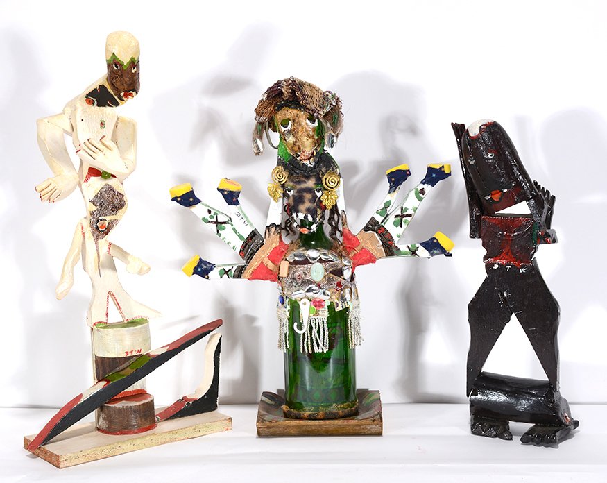 Derrick Webster. Three Standing Figures.: Derrick Webster. Three Standing Figures. Initialed. Mixed media and wood construction. Great condition. Tallest is 20”h. Provenance: Dr. Regenia Perry. Est. $300-500. Ship: $85