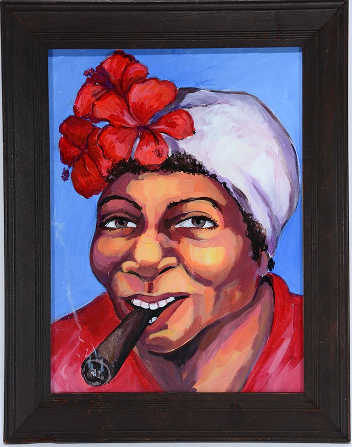 Haridia Flamos (Attrib.). Cuban Tobacco Girl.: Haridia Flamos (Attrib.). Cuban Tobacco Girl. Signed on verso. Oil on cardstock. Excellent condition. 13” w x 16”h with frame. Est. $200-300. Ship: $35