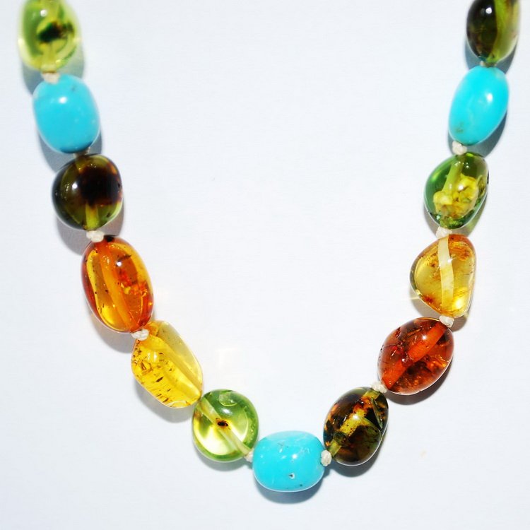 Necklace From Baltic, Caribbean Amber And Turquoi: Date Of Manufacture: Brand New Country Of Origin: Lithuania Material: Baltic Amber, turquoise Dimensions: 18.9 Inches in Length Weight 18.6 g Beautiful genuine citrine color Baltic amber, green Caribb