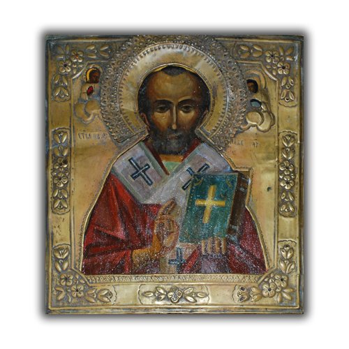 Russian Icon of St. Nicholas the Miracle Worker 1: Date Of Manufacture: 19th Century Country Of Origin: Russia Material: Wood, Bronze Cover Dimensions: 12.99 x 11.64 x 0.91 Inches Russian Icon of St. Nicholas the Miracle Worker - From The Private Coll