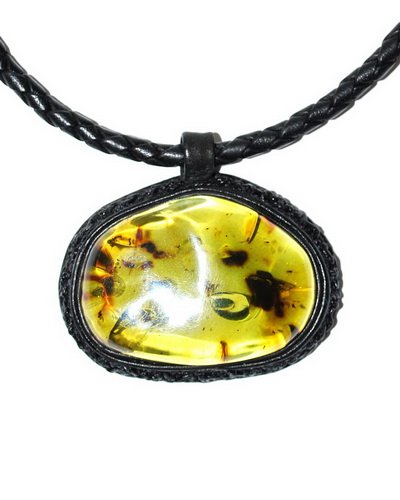 Green Caribbean Amber Pendant In Leather Lining: Date Of Manufacture: Brand New Country Of Origin: Lithuania Material: Amber, Leather Dimensions: 20 inches Pendant 2x1.4x0.6 Oval form genuine green Caribbean amber and leather pendant with string. To