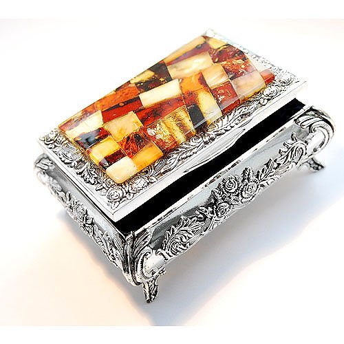 Jewelry Box Made From Metal And Baltic Amber: Date Of Manufacture: Brand new Country Of Origin: Lithuania Material: Amber From Baltic Sea, Metal Dimensions: 3.74 x 2.76 x 1.73 Inches amazing jewelry box decorated with Baltic Amber. Weight 240 g