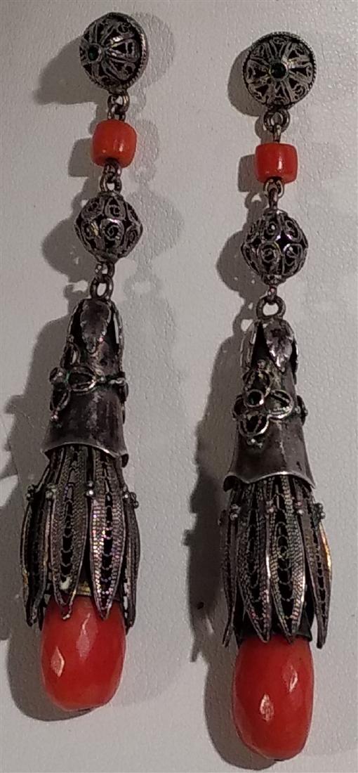 Jewelry Antique, Sterling Silver, Coral Dangle Earrings (1 of 3)