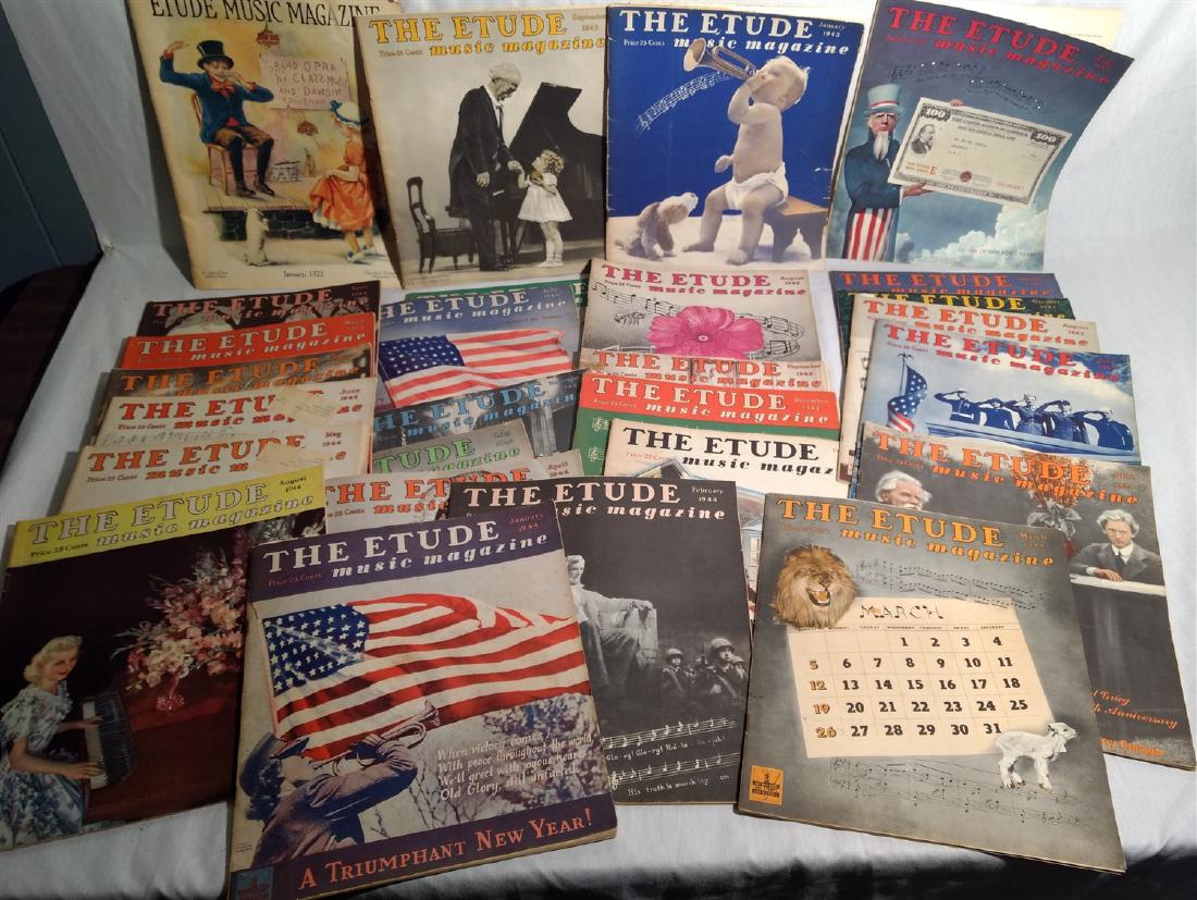 Group of 27 Antique The Etude Music Magazines: 1 from 1927, Range 1942-1944, Fantastic Cover Art, Various Conditions, We Do Not Grade Books.