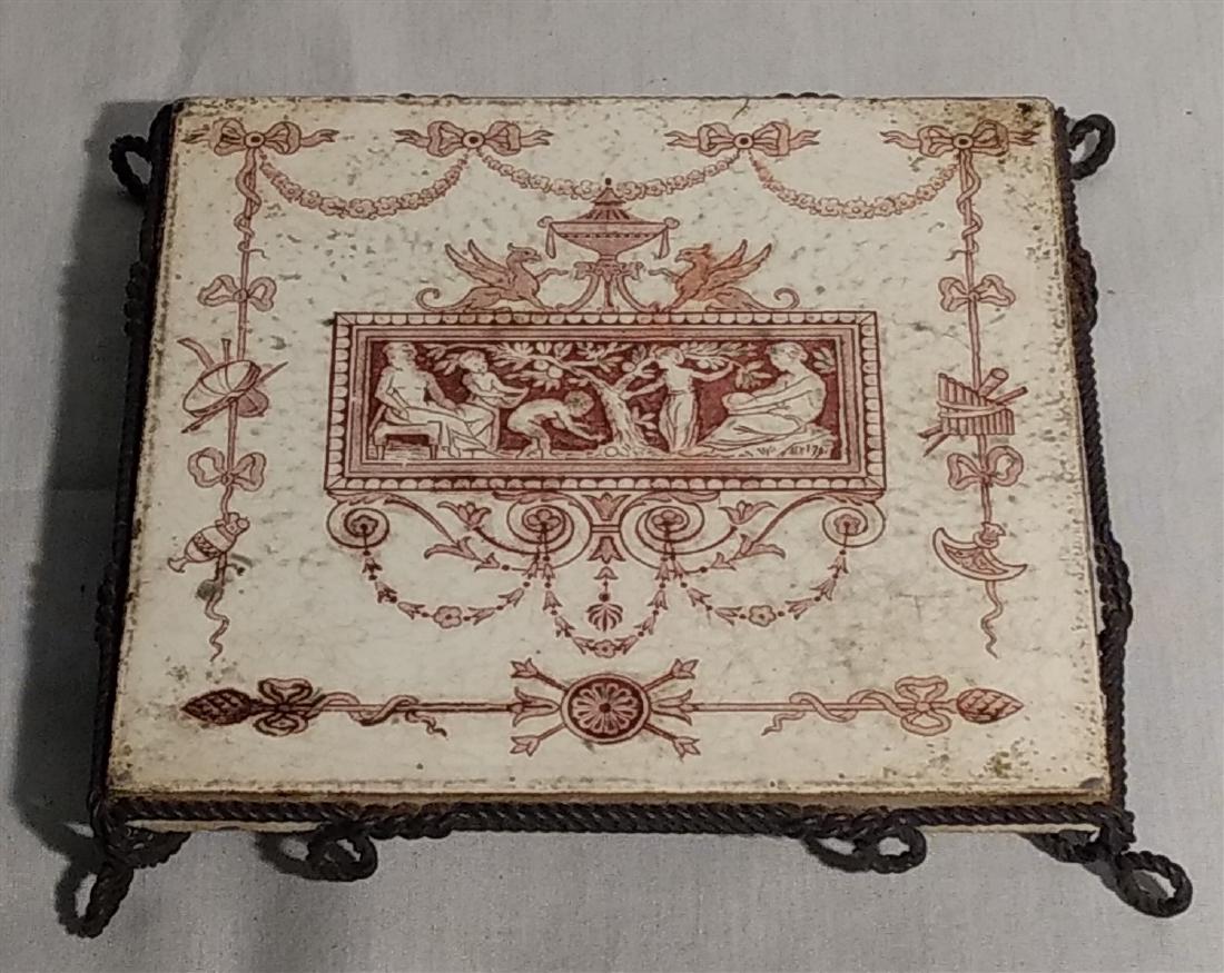 Josiah Wedgewood & Sons Tile in Stand: Wrought Iron Stand, 6 inch x 6 inch, Small Chips on Underside.