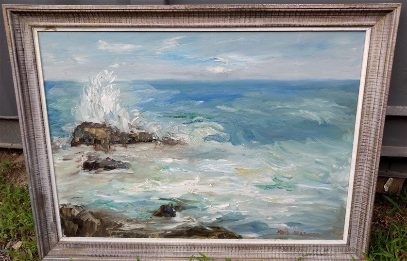 David Pallock, (American 1906-1977) Seascape o/c 1967: Well listed Rockport,Gloucester,Marblehead. Massachusetts artist, David Pollack Bass Rocks, Gloucester,Ma. Seascape oil on canvas painting.Measures approx; 35 1/2 x 25 1/2 in view.40 3/4 x 50 3/4 over