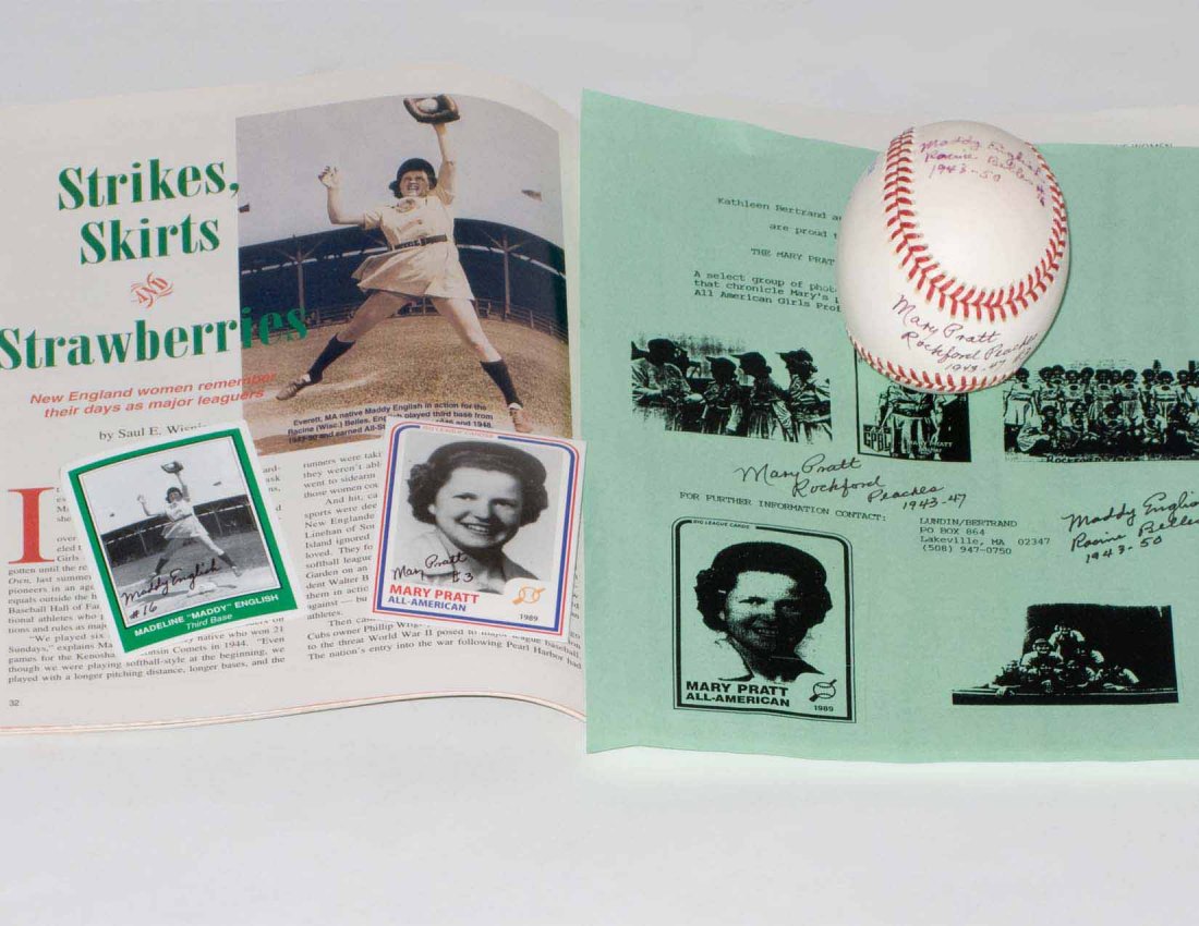 Mary Pratt Maddy English Ball: Baseball signed by Mary Pratt and Maddy English also their cards, an article in Red Sox Magazine and a Signed Flyer Announcing an All American Girls Professional Baseball League Event