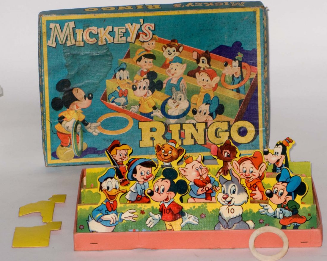 Mickey's Ringo Game: Mickey's Ringo Game by J W Spear & Sons Middlesex UK. Some Damage and Tears, comes with 1 Ring, Staining on Cover