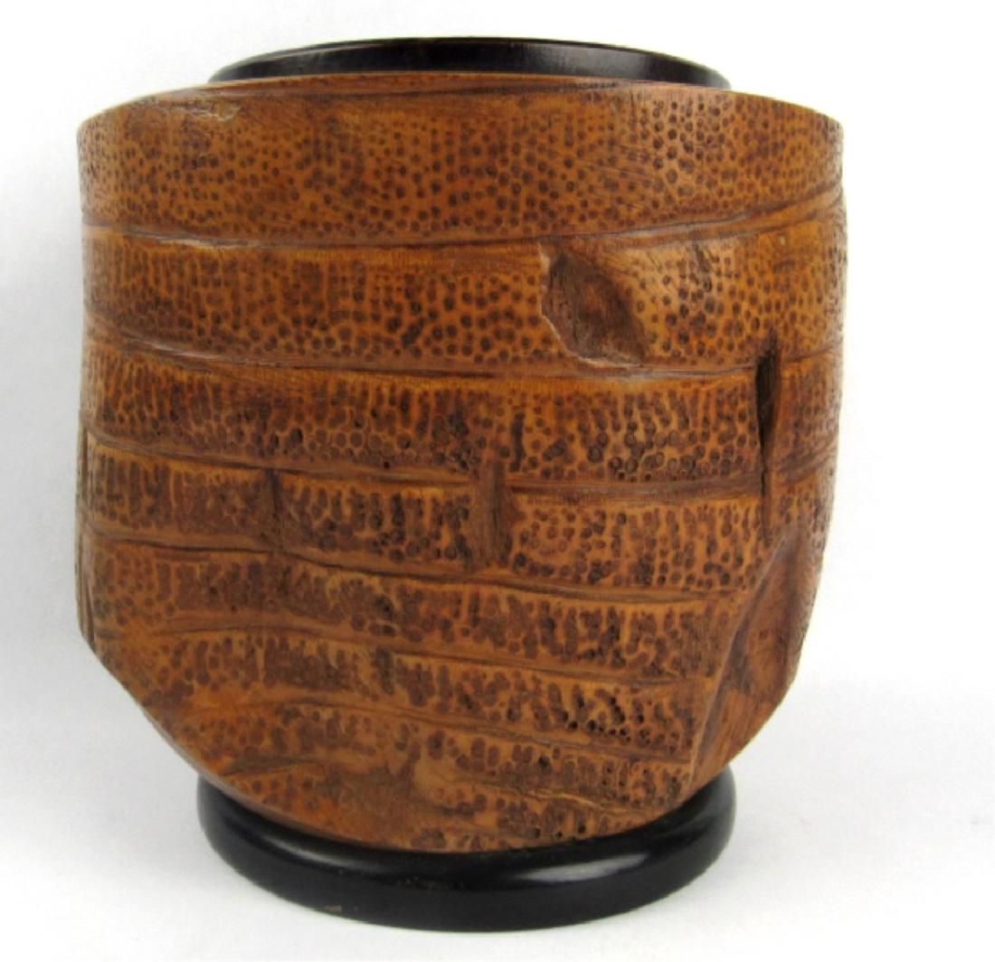 Very Old Bamboo Vase: Very Old Bamboo Vase; very rare; originally used to hold calligraphy brushes; comes with stand. Height: 9" Diameter: 8.5"