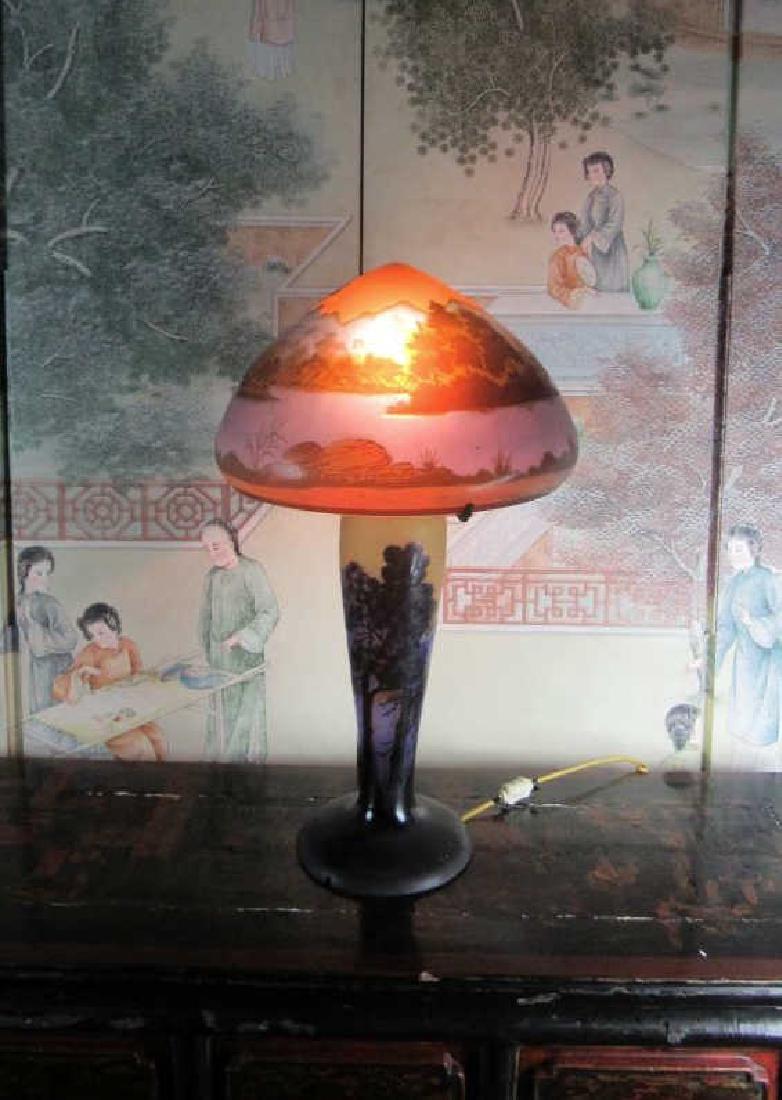 Old Tiffany Style Lamp-Galle: Beautiful old Tiffany style table lamp. Heavy leaded glass shade and bronze base with a great patina. Galle signature. Perfect condition.