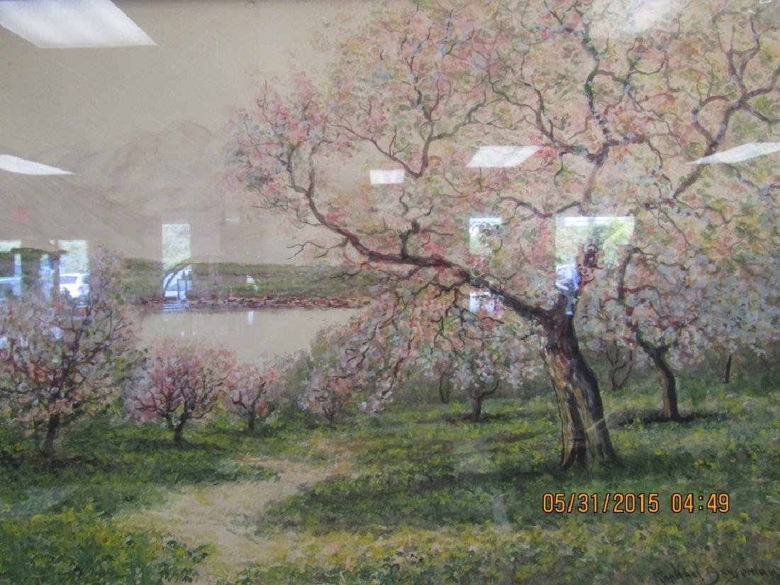 European Arts Oil Painting: Beautiful oil on canvas painting of a grove of peach trees in bloom near a lake. Framed 21" x 31.75"