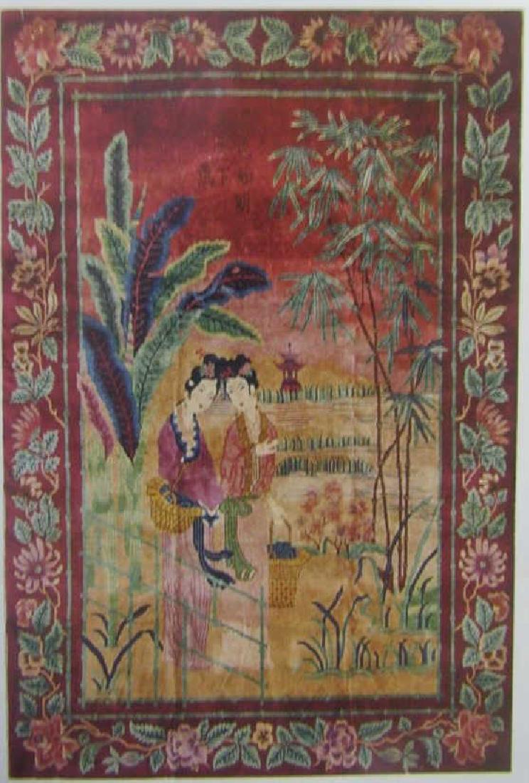 Chinese Art Deco Design Rug: Beautiful figural design motif on a fuschia background. 1930s-40s era. Signed 138" x 104"