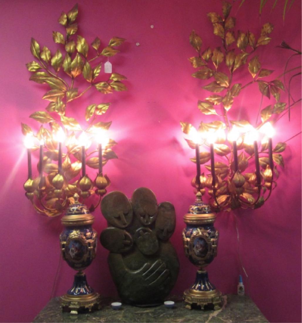 Gold Ormolu and Black Wall Sconces: Beautiful ormolu and black wall sconces with 5 lights each. Great classic design and quality. 48" high 24" wide 12" deep