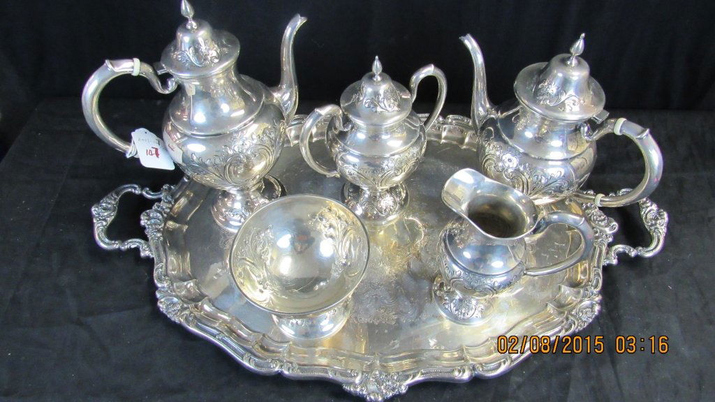 Set of Six Silver English Tea Set with Tray; Weight:: Set of Six Silver English Tea Set with Tray; Weight: 116oz