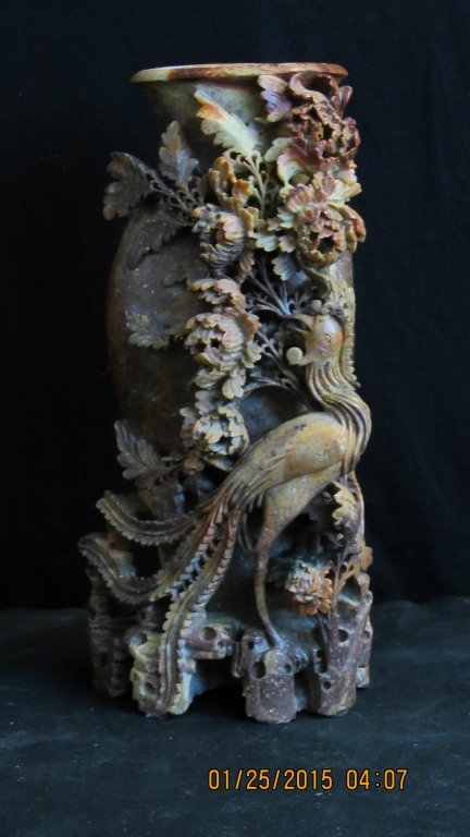 Soapstone vase with phoenix and flower carving: Soapstone vase with phoenix and flower carving