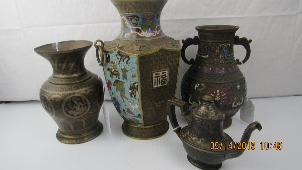 Four Cloisonne Pieces; Vases & Teapot (1 of 5)