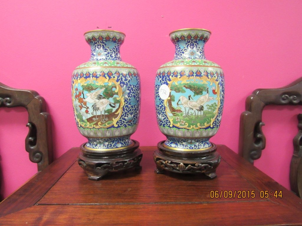 Pair of Chinese Cloisonne Vases With Cranes (1 of 8)