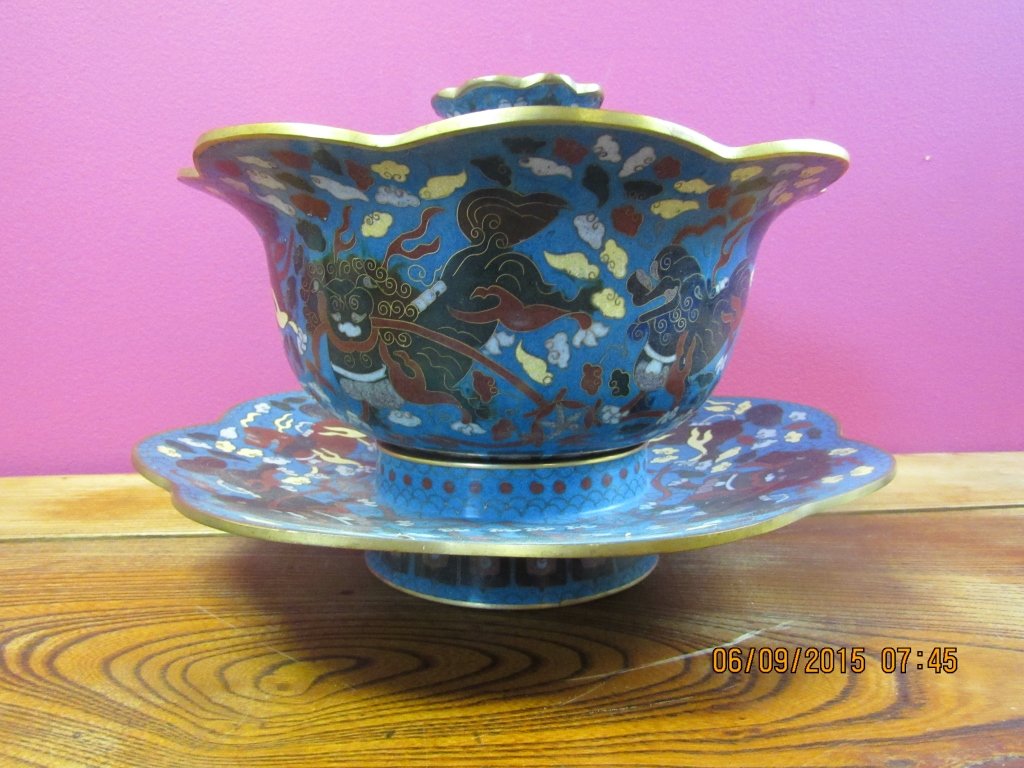 Chinese Cloisonne Lidded Bowl & Underplate (1 of 7)