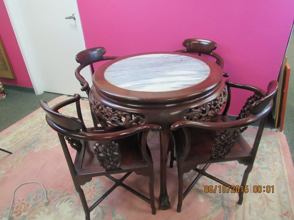 5 Piece Hardwood Round Marble Top Table (1 of 6)