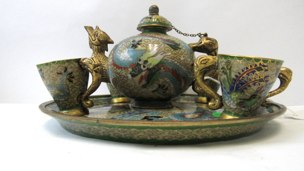 Chinese Copper Filigree Cloisonne Tea Set (1 of 9)