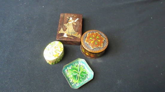 Set of Five Jewelry Boxes and Holders: A set of five antique jewelry boxes and holders. This set includes two round wooden jewelry boxes, one painted with a pretty floral pattern, and the other painted and carved with an interesting 