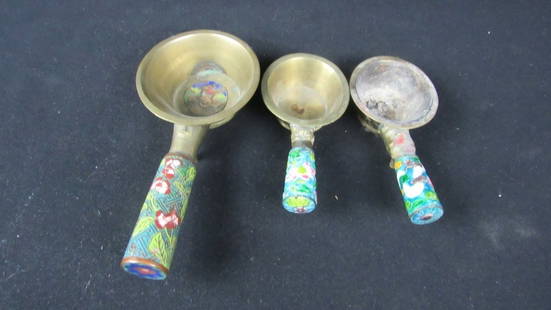 Set of 3 Chinese Export Old Cloisonne Incense Pots: A set of three old Chinese cloisonne export incense pots with handles; The pots are brass and the handles are cloisonne with beautiful floral detailing; Large Scoop - Length: 7"