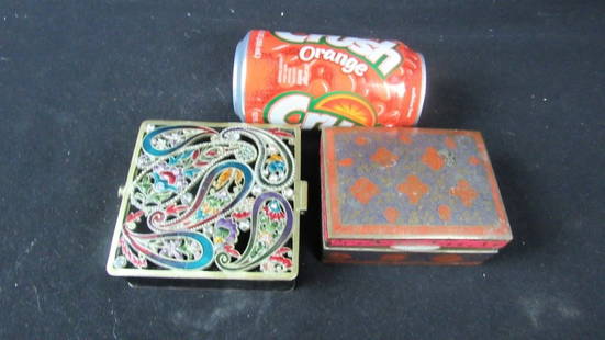 Set of Two Antique Brass Jewelry Boxes: A set of two antique brass jewelry boxes; One is square with a colorful paisley pattern and embellished with jewels, inside is lined with velvet; One is rectangular, with wood on the inside and