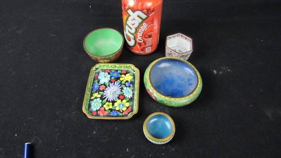 Set of Five Old Chinese Cloisonne Bowls and Dishes: A set of five antique Chinese cloisonne bowls and dishes; Small, wellmade, and very detailed; Includes three cloisonne bowls embellished with flower designs; a tray shaped cloisonne dish with a