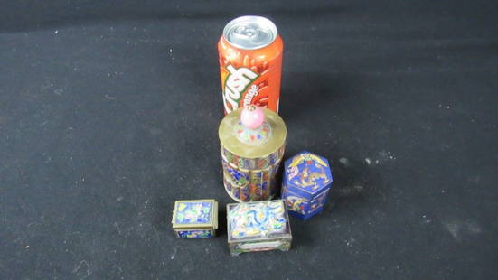 Set of Four Old Chinese Cloisonne Snuff Boxes: A set of four antique Chinese cloisonne snuff boxes; They are very detailed and kept in very fine condition; Includes a 6-sided hexagonal snuff box decorated with dragons, a dragon decorated 