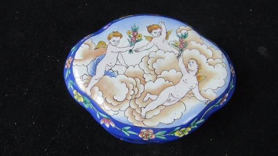 Chinese Antique Painted Cloisonne Jewelry Box: An antique Chinese painted cloisonne style jewelry box; Decorated with angels holding bouquets of flowers among the clouds; Features floral detailing on sides of box as well as the edge of the