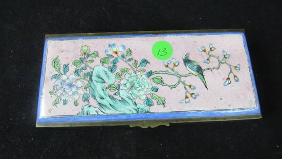 Chinese Antique Lacquered Brass Jewelry Box: An antique Chinese brass jewelry box with a painted enameled scene of a bird perched on a flowering tree on the lid; Inside is lined with wood and has three sections for your jewelry; A long