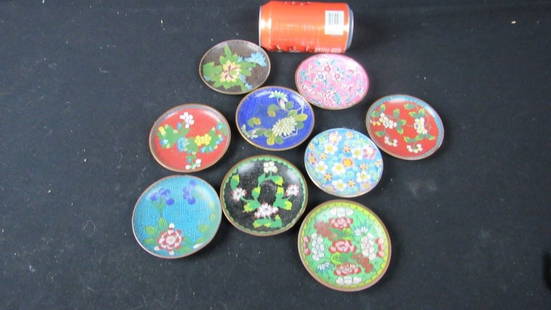 Set of 9 Antique Chinese Cloisonne Floral Plates: A set of nine antique Chinese cloisonne plates and dishes; Very detailed fine cloisonne; All feature beautiful floral patterns; In great condition; For size reference please refer to the soda can 