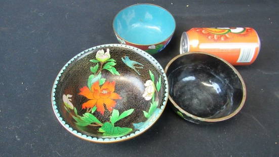 Set of Three Old Chinese Cloisonne Bowls: A set of three antique Chinese cloisonne bowls; All feature beautiful floral designs; The large bowl has a pretty bird detail; A beautiful set; For size reference please refer to the soda can 