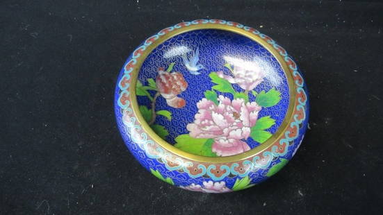 Old Chinese Cloisonne Floral Bowl: A beautiful antique Chinese floral bowl; Featuring beautiful images of blooming flowers and a flying blue bird on a royal blue background; In perfect condition; Diameter: 7" Height: 2 1/2"