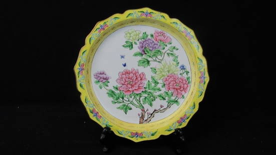 Old Chinese Yellow Floral Cloisonne Plate: An old Chinese yellow cloisonne plate; Decorated with a scene of blooming lavendar and pink peonies with two butterflies fluttering about; Features a yellow, pointed, scalloped trim design,