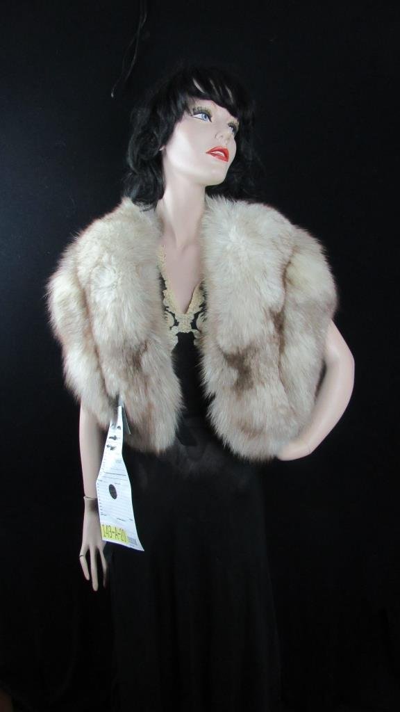 Vintage Cream and Tan Fur Shawl: A vintage cream and tan fur shawl; Very soft and warm; Lined with grey satin; Very pretty; Perfect for fall and winter; Luxurious