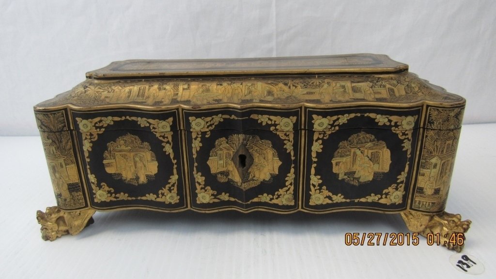 Chinese 19th Century Chanab Jewelry Box w/ Lock: A Chinese chanab lockable jewelry box; From 19th century China; Comes with a key to lock and unlock the box; Lacquered black with gold detailing; Intricately detailed town scene; Very finely painted; 