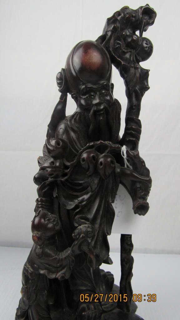 Chinese Hand-Carved ROsewood Statue: Ming Dynasty Chinese Hand-Carved Rosewood Statue of Old Man 16 1/2" x 6" x 6"