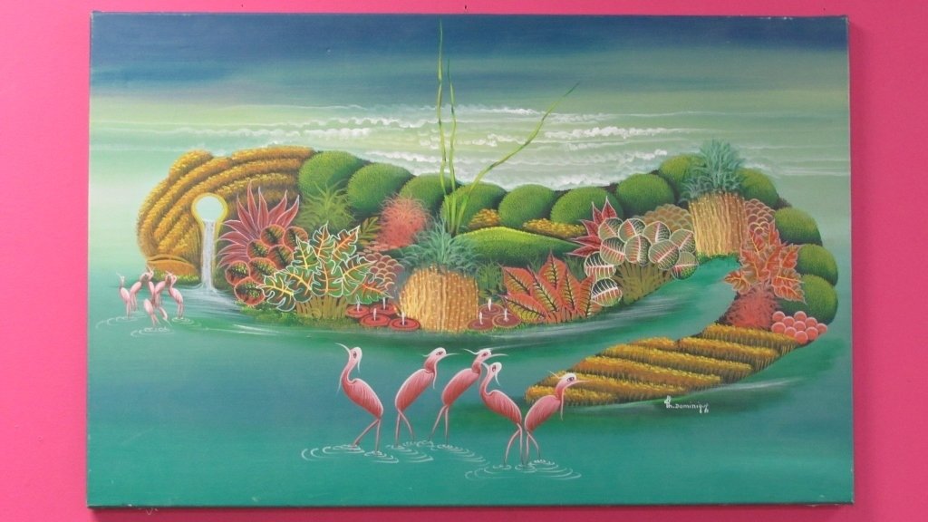 Haitian Arts Painting of Small Island: Painting of Haiting Art of a Small Island and Flamingos; Signed by H. Dominique 22.25" x 34"