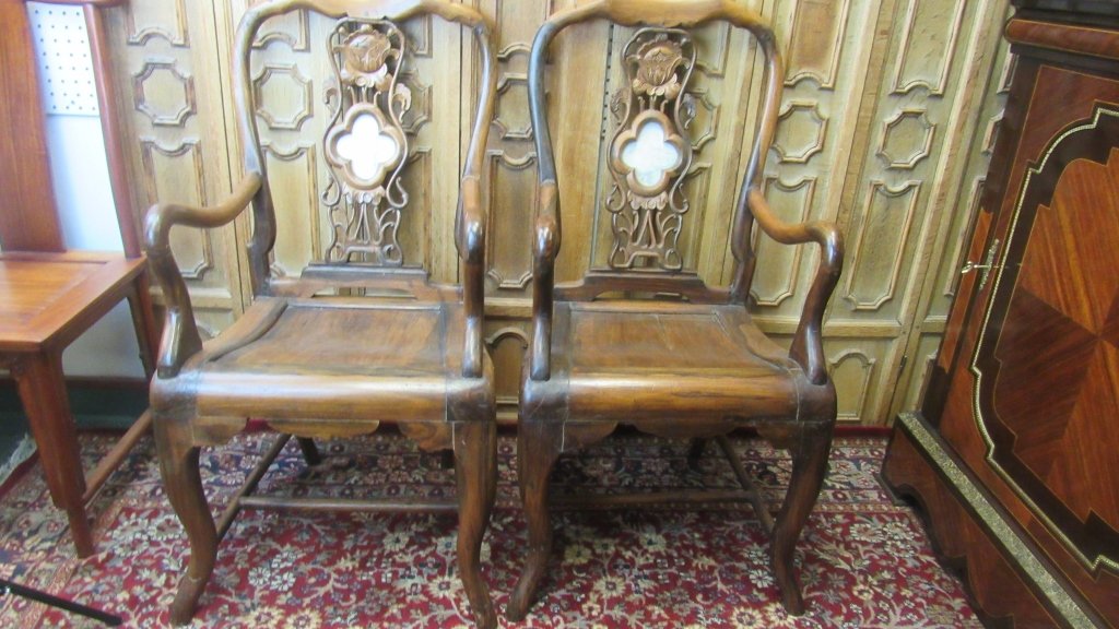 Pair of Chinese Huanghuali Wood Chairs with Marble (1 of 6)