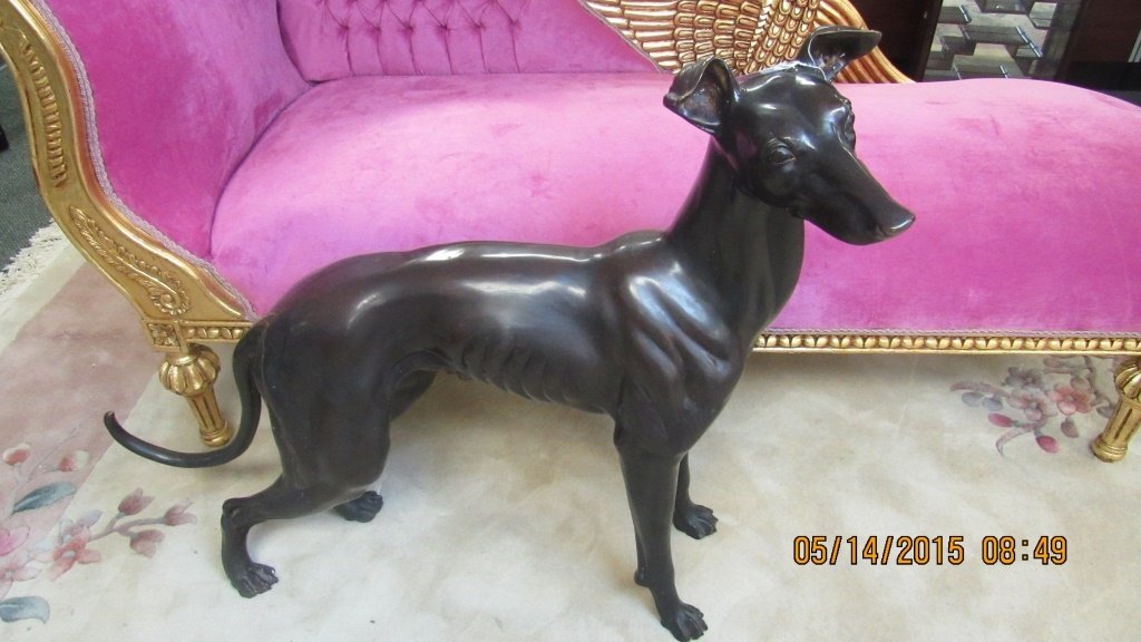 Life Size Antique Bronze Greyhound Statue: Superb bronze Greyhound figural statue. Great details. 33" x 40"