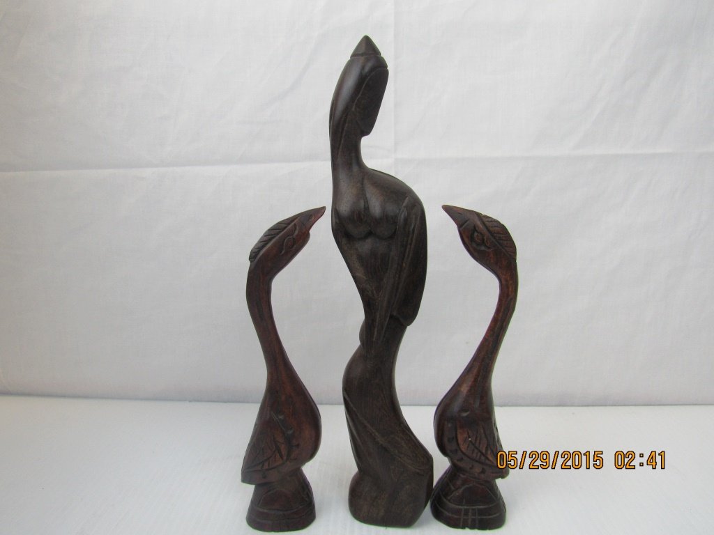 3 Piece Sandal Wood Statue of Girl and 2 Birds (1 of 9)